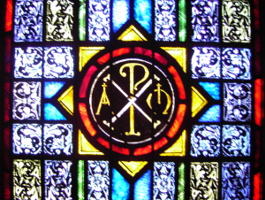 Stained Glass Window of Chi Rho Symbol - St. Ignatius Parish, San Francisco