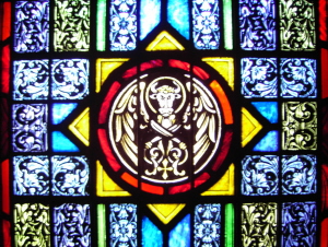 Stained Glass Window of Evangelist's Symbol for Luke - St. Ignatius Parish, San Francisco