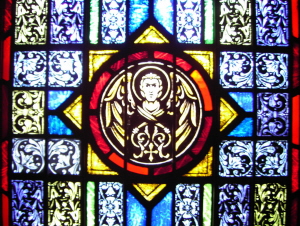 Stained Glass Window of Evangelist's Symbol for Matthew - St. Ignatius Parish, San Francisco
